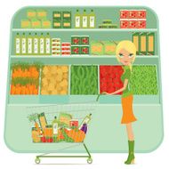 Girl shopping at supermarket with cart and grocery