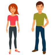 Cute stylish young boy and girl on white