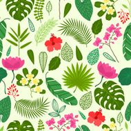 Seamless pattern with tropical plants leaves and flowers N3