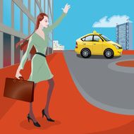 busy working girl hitching a taxi
