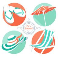 Summer icons flip floppers hat beach umbrella and chair