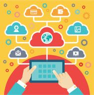 Tablet PC with Hands &amp; Vector Icons - Flat Design Style N3