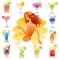 Party cocktails icon set with sexy girl