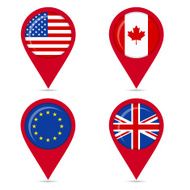 Map pin icons of Anglo Saxon countries and europe