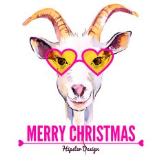 Merry Christmas card with watercolor portrait of hipster goat