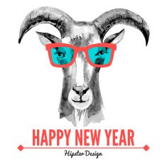 Happy New Year card with watercolor portrait ÑÐ° hipster goat