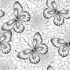 beautiful black and white seamless pattern with flowers butterflies