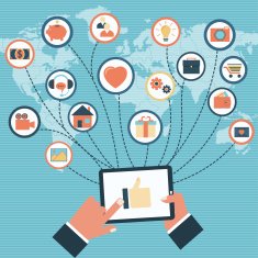 Tablet PC with Hands & Vector Icons