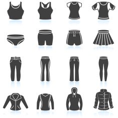 Women's sport clothing and outfits black & white icon set