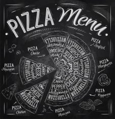 Pizza menu drawing with chalk on the blackboard
