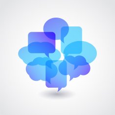 Eight transparent blue speech bubbles