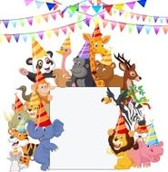 Safari Animals cartoon Wearing Party Hats