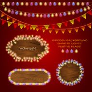Set of wooden frames bright lights and flags