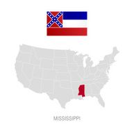 Flag of Mississippi and location on U S map