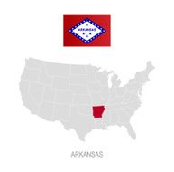 Flag of Arkansas and location on U S map