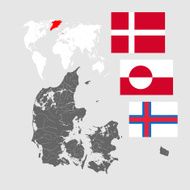 Map of Denmark with lakes and rivers three flags