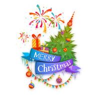 Merry Christmas banner with pine gifts and firework Vector illustration