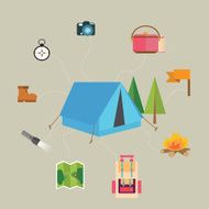 camping hiking icon set of map tent compass flag adventure