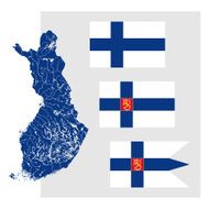 Map of Finland with rivers and three Finnish flags