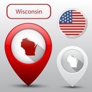 Set of Wisconsin state with flag america and map pointer