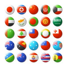 World flags round badges magnets Asia and Oceania