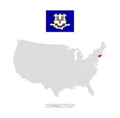 Flag of Connecticut and location on U S map