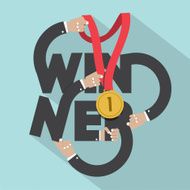 Golden Medal In Hands With Winner Typography Design