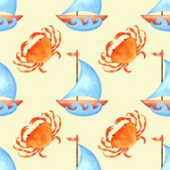 Watercolor seamless pattern with colourful cartoon crabs yachts