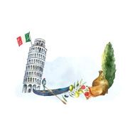 Set of Italy icons watercolor illustration