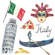 Set of Italy icons watercolor illustration N3