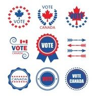 Red and blue Vote Canada emblems design elements set