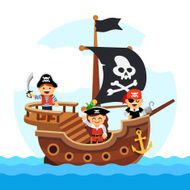 Cartoon kids pirate ship sailing sea N2