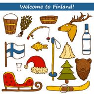 Set of cartoon hand drawn objects on Finland theme sauna N2