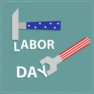 Happy labor day Wrench key and hammer with star stip