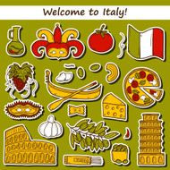 Set of cartoon stickers in hand drawn style on Italy N2