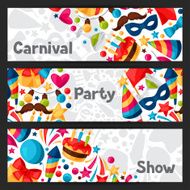 Carnival show and party banners with celebration objects