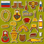 Set of hand drawn stickers on Russia theme balalaika vodka