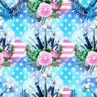 Watercolor Labor day pattern with tools and flowers