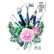 Watercolor Labor day design with tools