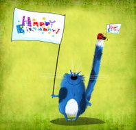 Happy Birthday Card Cat and Ladybug with Flags
