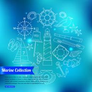 Marine outline icons set over blurred shining background with place