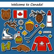 Set of cartoon hand drawn stickers on Canada theme maple N2