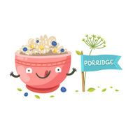 Cute oatmeal bowl character smiling and posing near &quot;Porridge&quot; flag