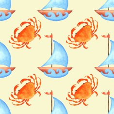 Watercolor seamless pattern with colourful cartoon crabs yachts
