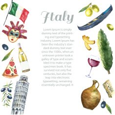 Set of Italy icons watercolor illustration N5