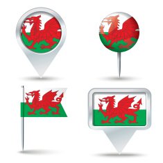 Map pins with flag of Wales