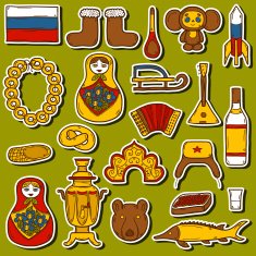 Set of hand drawn stickers on Russia theme balalaika vodka