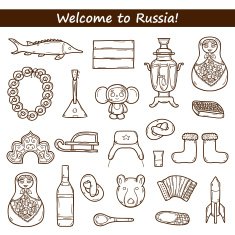 Set of hand drawn objects on Russia theme balalaika vodka N4