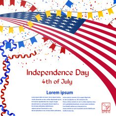 Independence Day card with American flag confetti and streamers