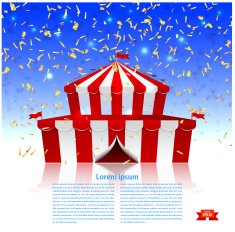 Circus tent under a rain of confetti Welcome! Vector